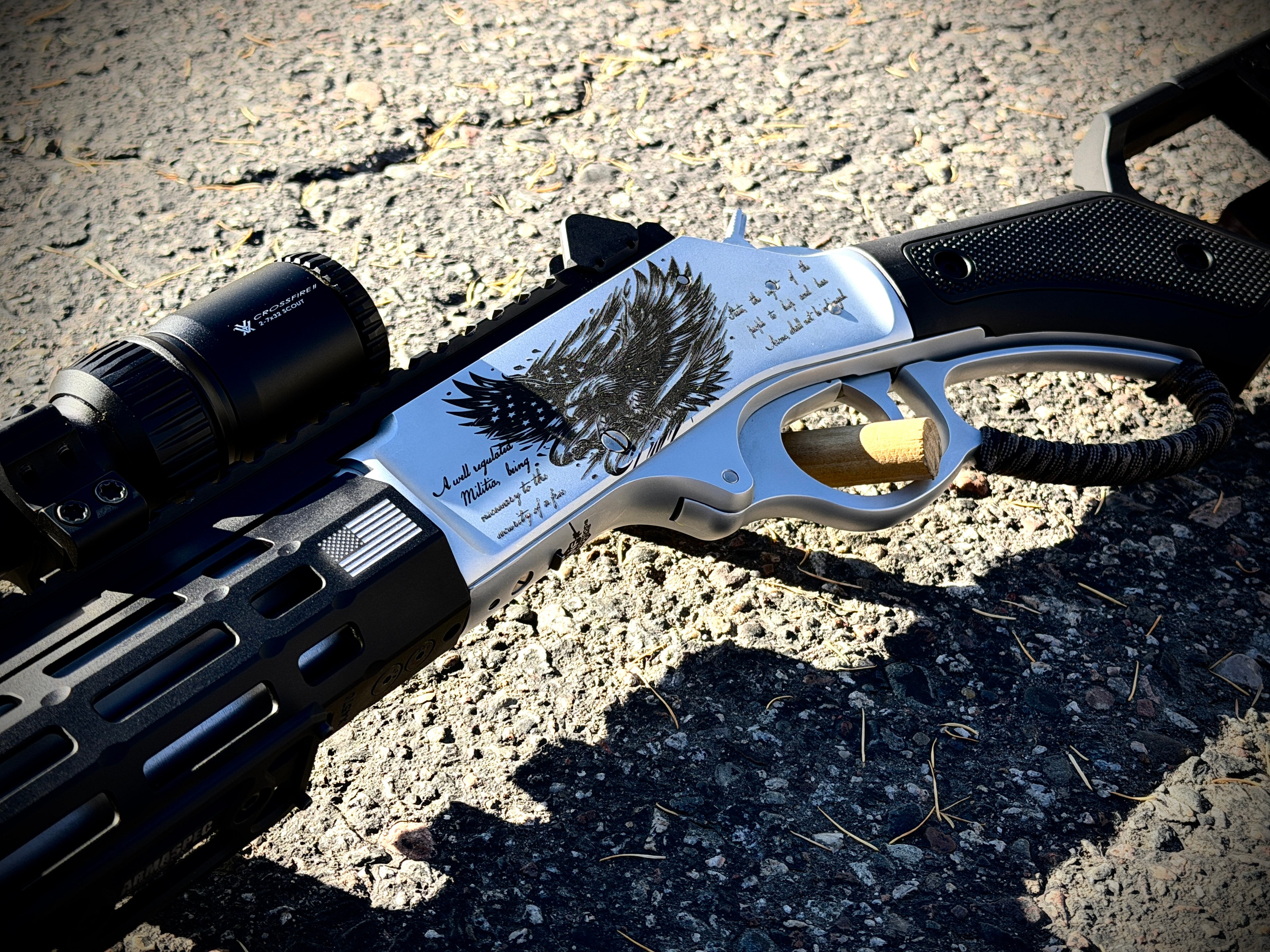 Laser-engraved lever-action rifle receiver with American bald eagle, US flag, and Second Amendment text — Vortex Crossfire II scope — by Northwoods Firearms