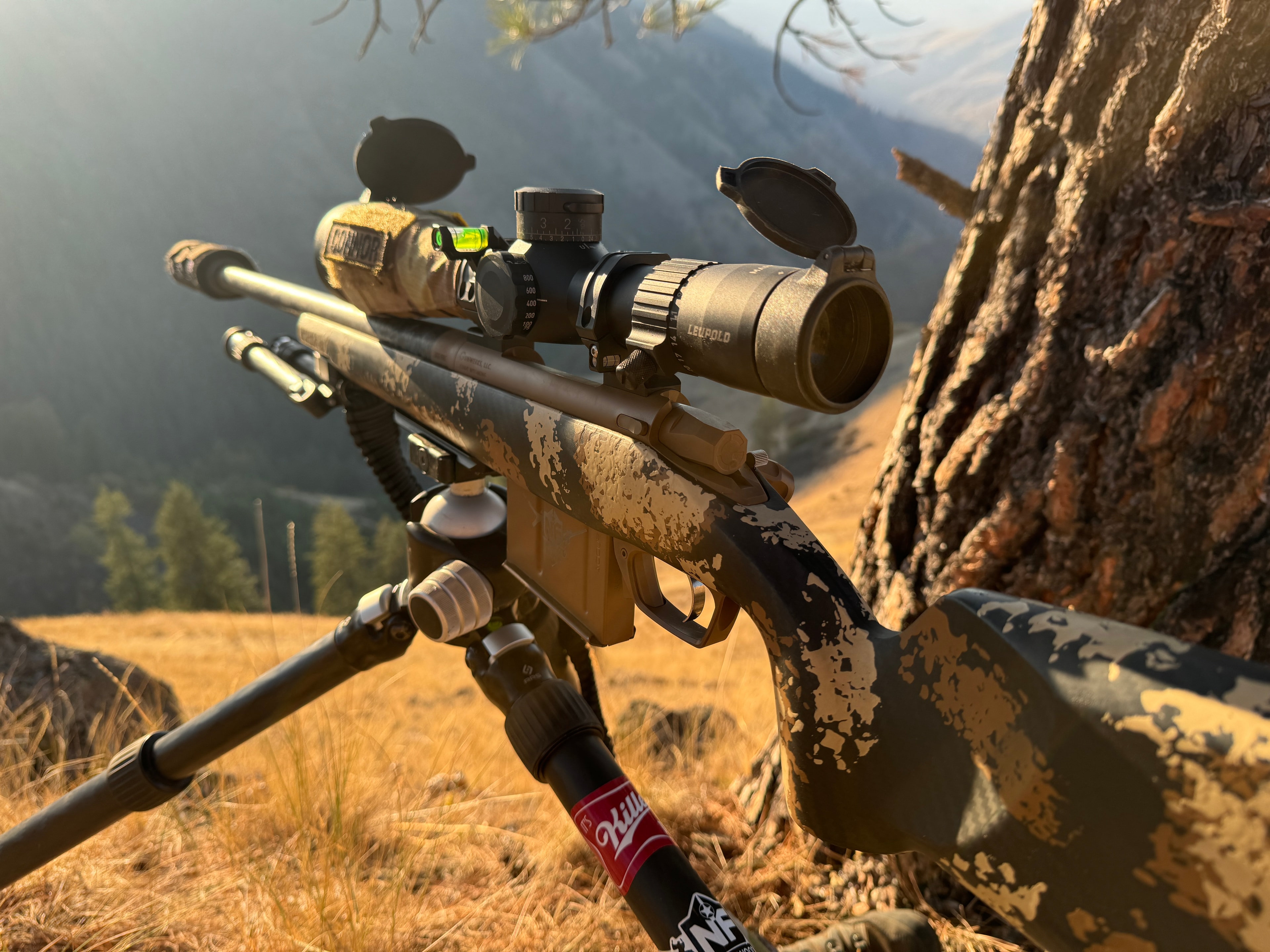 Camo precision rifle on bipod at golden hour hillside