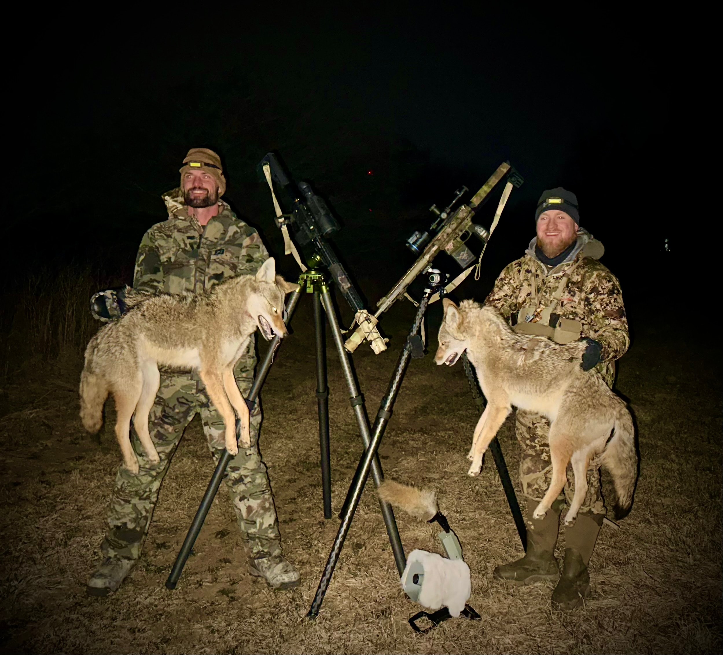 Two hunters with coyote harvests and custom ARs on tripods at night
